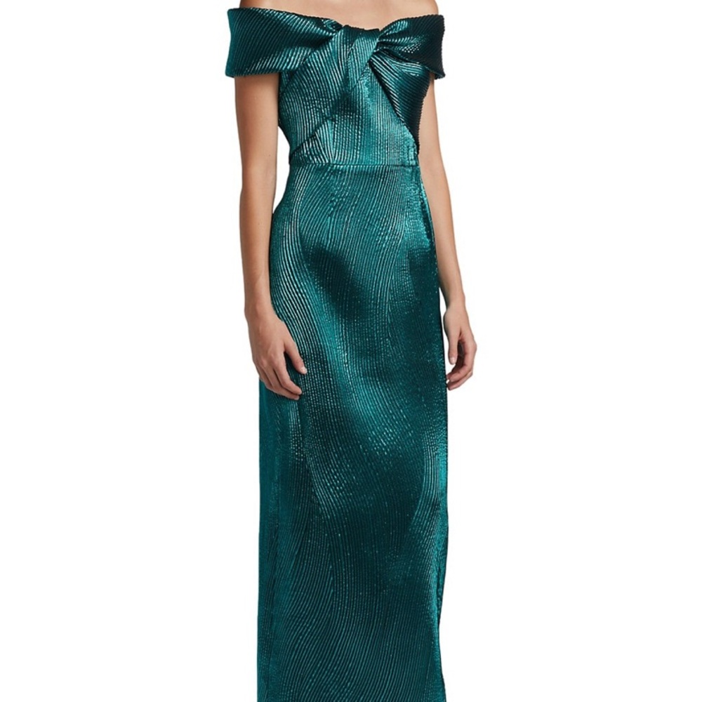 Teri Jon by Rickie Freeman Wavy Jacquard Off the Shoulder Gown
